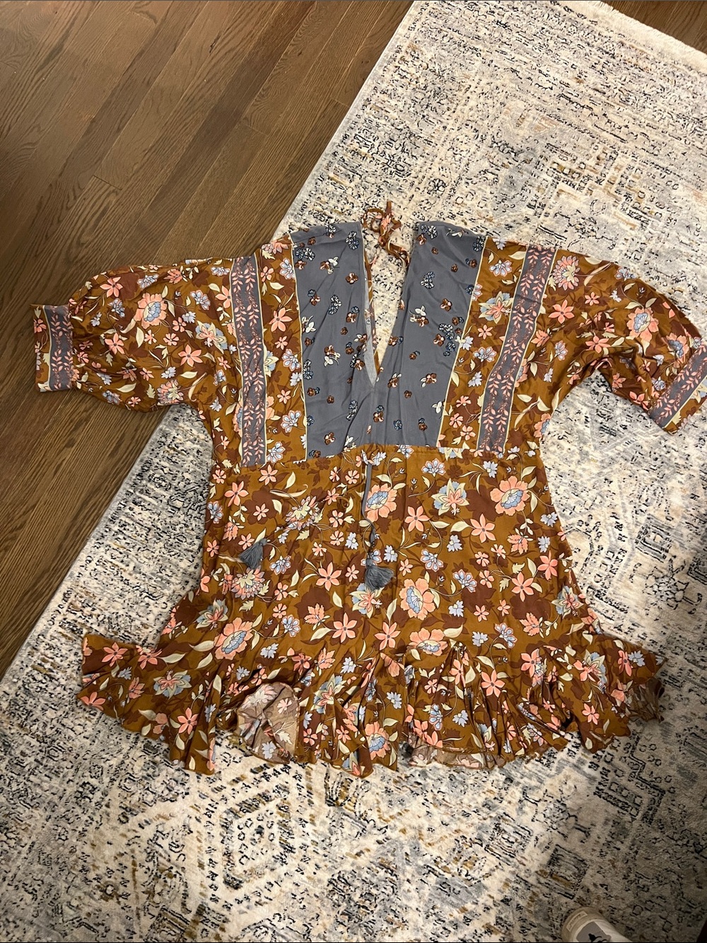 Red Dress Boutique Brown Floral Peasant Blouse with Blue Accents